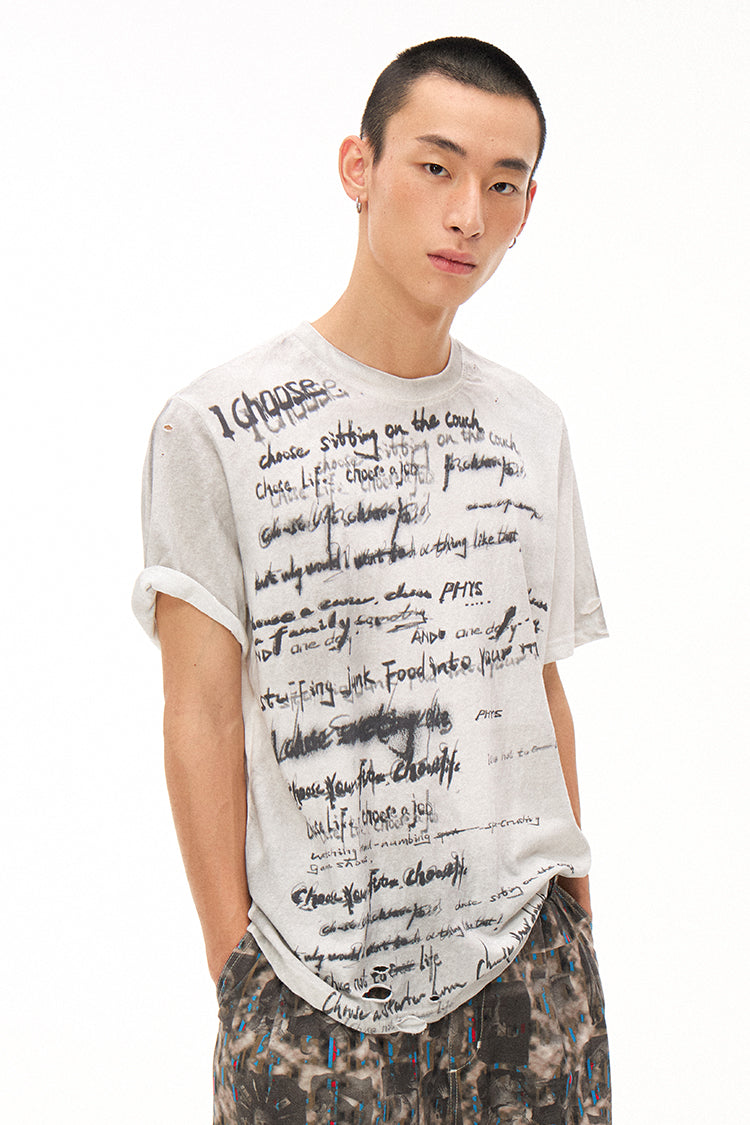 Handwritten Print Soft Skin-friendly Distressed Loose Short Sleeve T-shirt