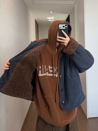 Dannyandzee Navy Blue Corduroy Plush Jacket - Coffee Cloud Warm Coat (Unisex)