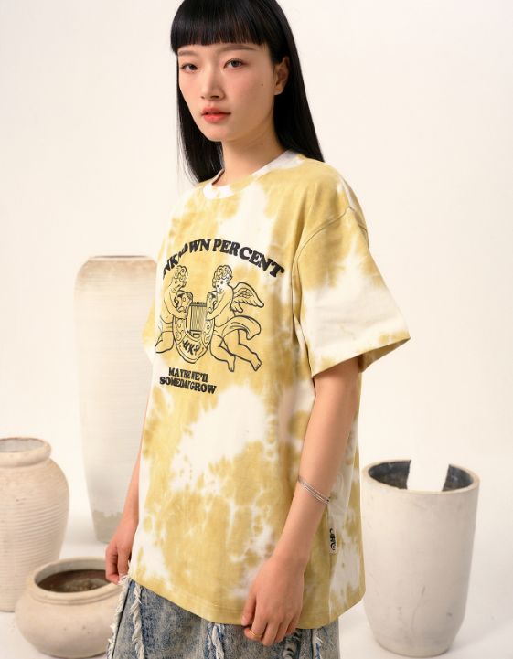 UKPC Organ Horseshoe Angel Tie-Dye Short Sleeve Street American Print Trendy Brand Couple Cotton Loose Half Sleeve National Trend