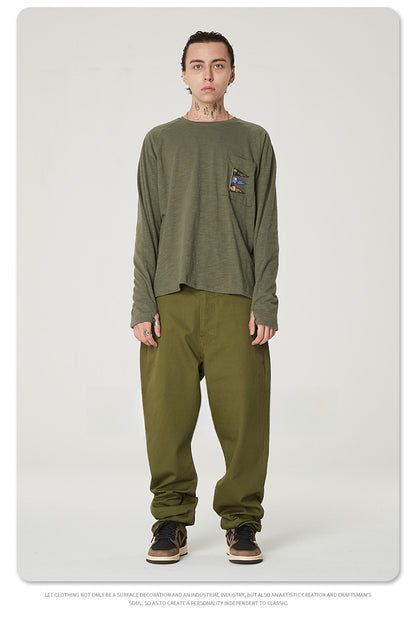 Japanese Style Flag Embroidery Loose Round Neck Men's Versatile Long Sleeve T-Shirt