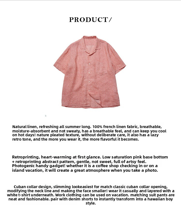Vintage Peach Pink Abstract Octagonal Pattern Cuban Collar Loose Casual Pure Linen Short Sleeve Shirt