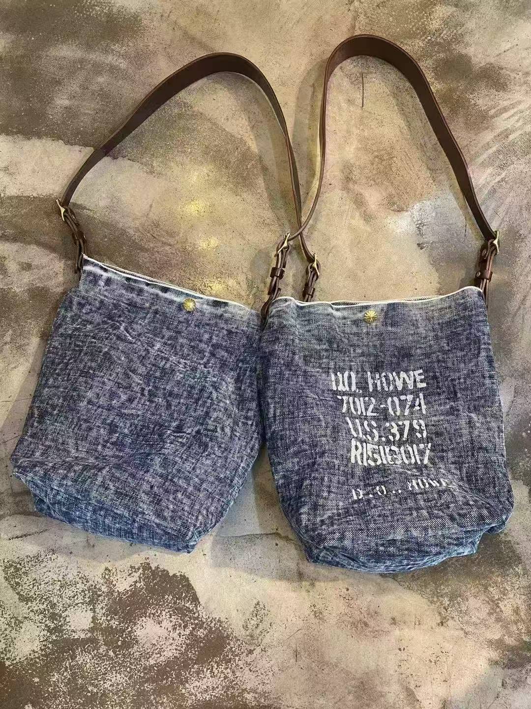 Pure Copper Hardware Imported Vegetable-Tanned Leather Hobo Bag with Denim Large Capacity Casual Bucket Bag Crossbody Bag