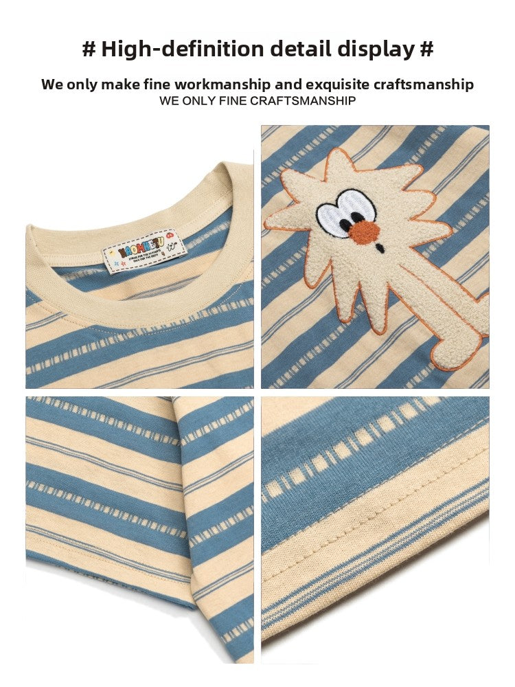 Japanese Style Casual Cartoon Color Block Striped Short Sleeve Men's T-Shirt Summer Oversize Lazy Half Sleeve Tee