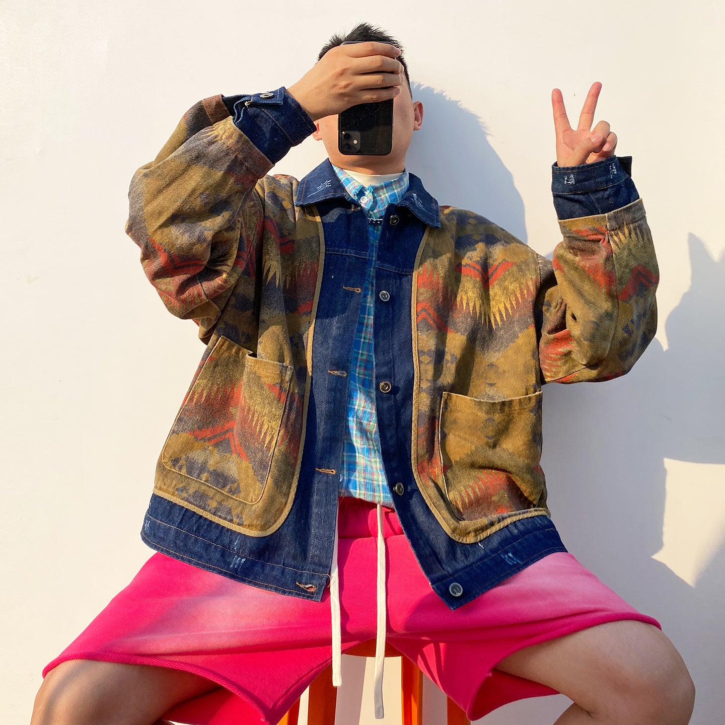 Shanwu Patchwork Blue Lapel Jacket – Retro American Streetwear, Unisex