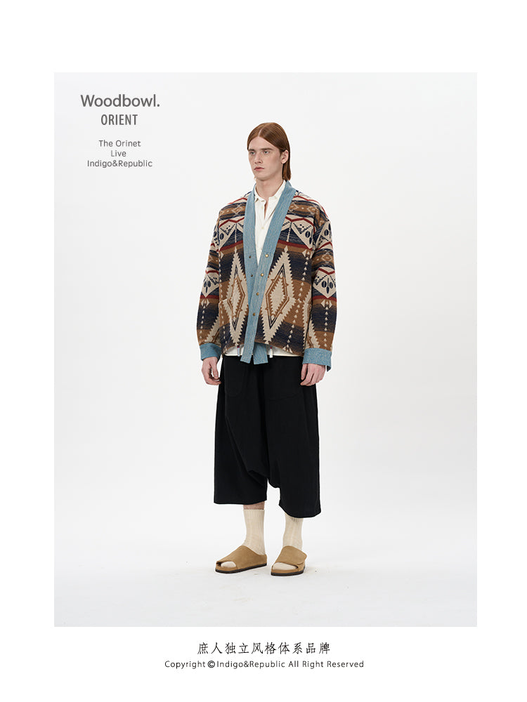 Woodbowl.2023aw Navajo/Woolen Jacket Wool Fabric Tie Ethnic Robe