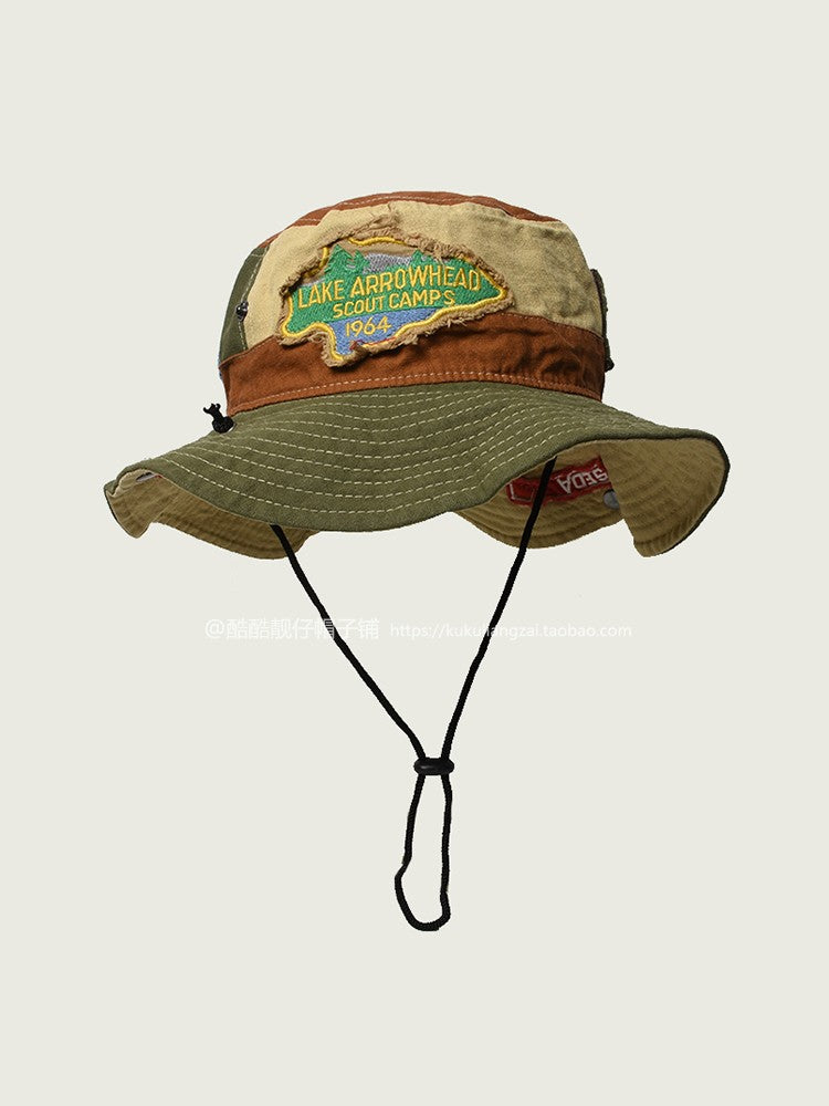 Unique Fisherman Hat for Men and Women, Vintage Patched Street Style Trendy Brand Hiking Hat, Outdoor Camping Western Cowboy Hat