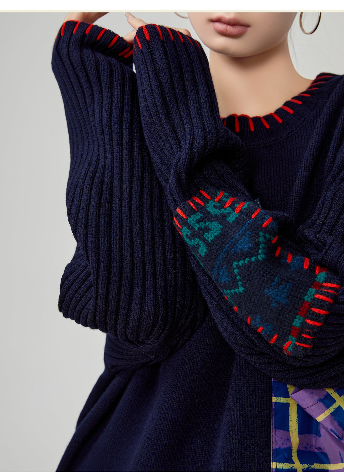 Color-Block Hand-Embroidered Patchwork Sweater – Japanese Niche Knit Top