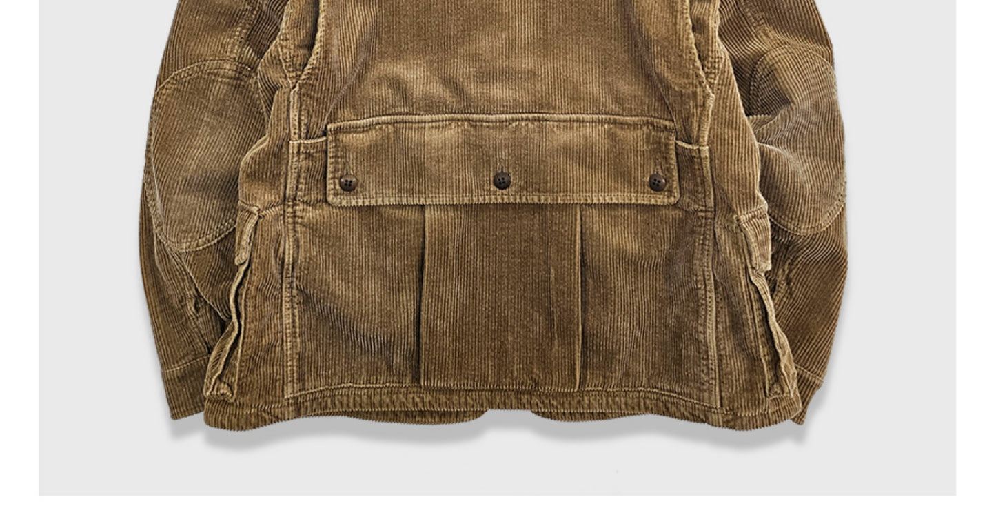 Corduroy Western Hunting Jacket for Men, Washed Multi-Pocket Outdoor Adventure Workwear Retro Windbreaker Jacket