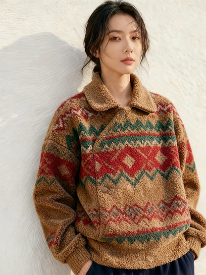 Women's 2025 Autumn Winter Christmas Lamb Wool Coat - Korean Chanel-Inspired Fair Isle Thick High-End Coat