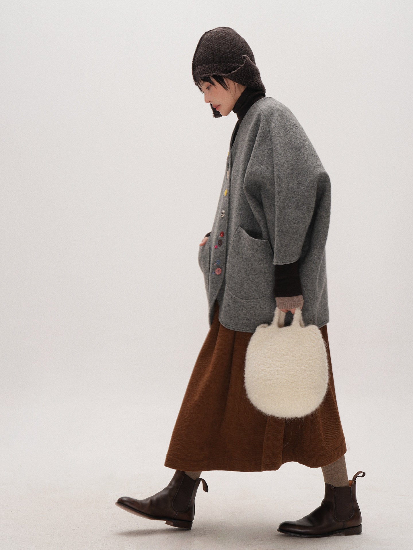 Smoke Gray Composite Wool Batwing Sleeve Cardigan - Irregular Button Coat (Women)