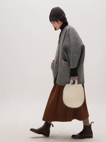 Smoke Gray Composite Wool Batwing Sleeve Cardigan - Irregular Button Coat (Women)