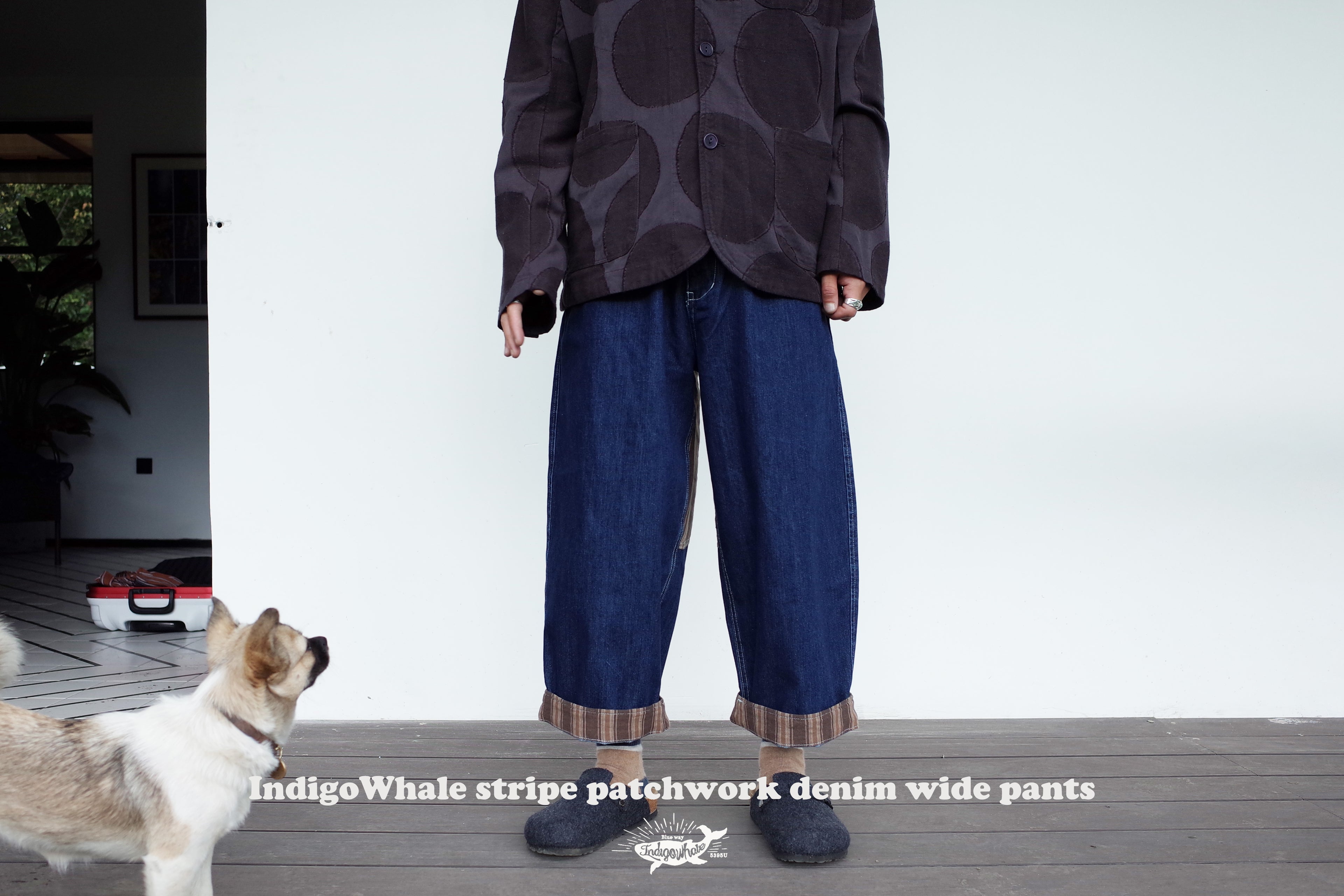 IndigoWhale Bamboo Denim Wide-Leg Patchwork Jeans – Heavy Wash, Drawstring Nine-Point Design