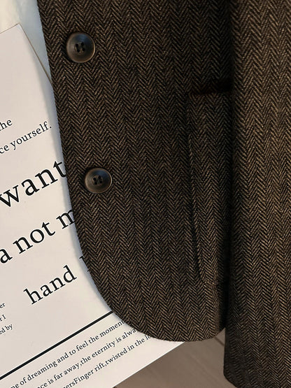 Coffee Retro Herringbone Wool Blazer - High-End Fashion Jacket 2025 (Women)