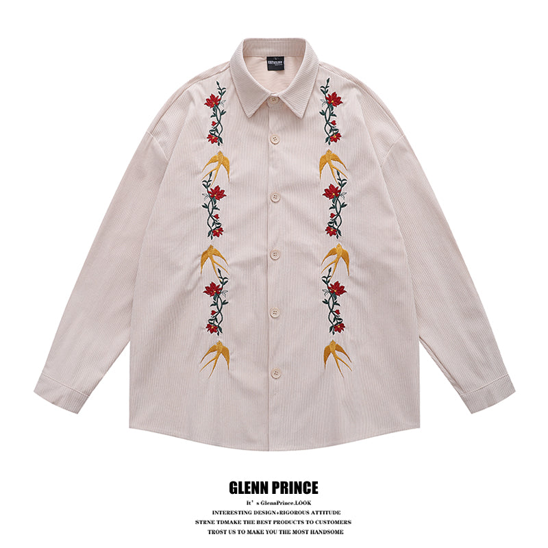 GPStudio American-Retro Floral Embroidery Corduroy Shirt – Long Sleeve, Loose Fit