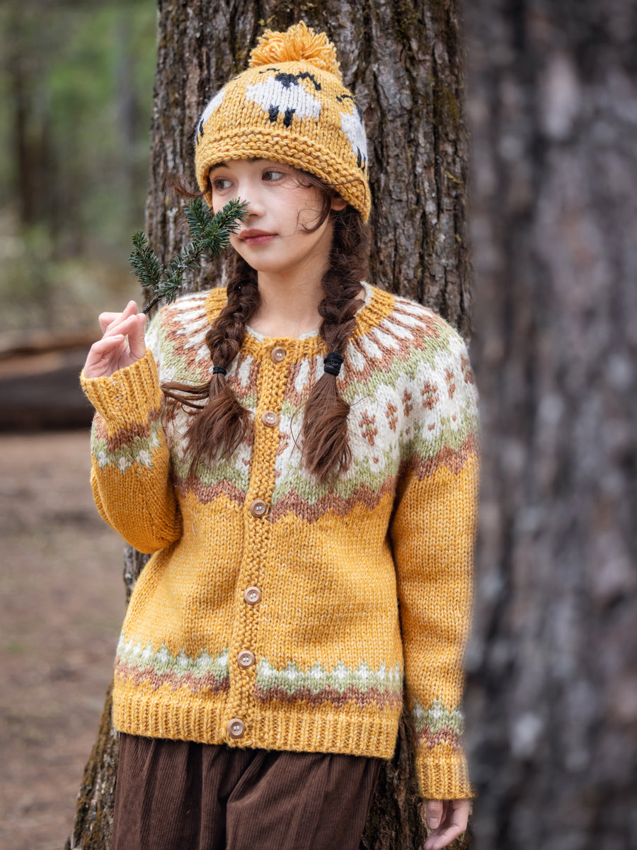 Handmade Iceland-Style Chunky Wool Cardigan – Forest Turmeric Nordic Retro (Women)