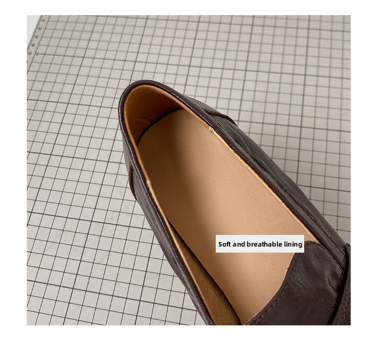 Women's Retro Genuine Leather Loafers - Sheepskin Slip-On Chunky Heel British Style Lazy Shoes