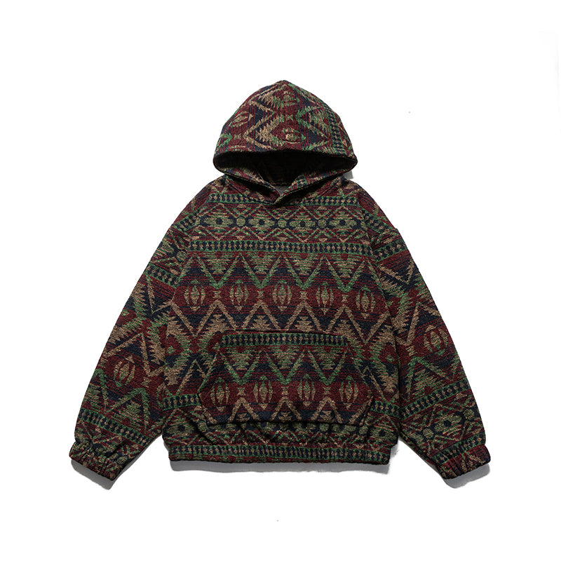 Retro Ethnic Color-Block Heavyweight Hoodie – National Trend Unisex Streetwear