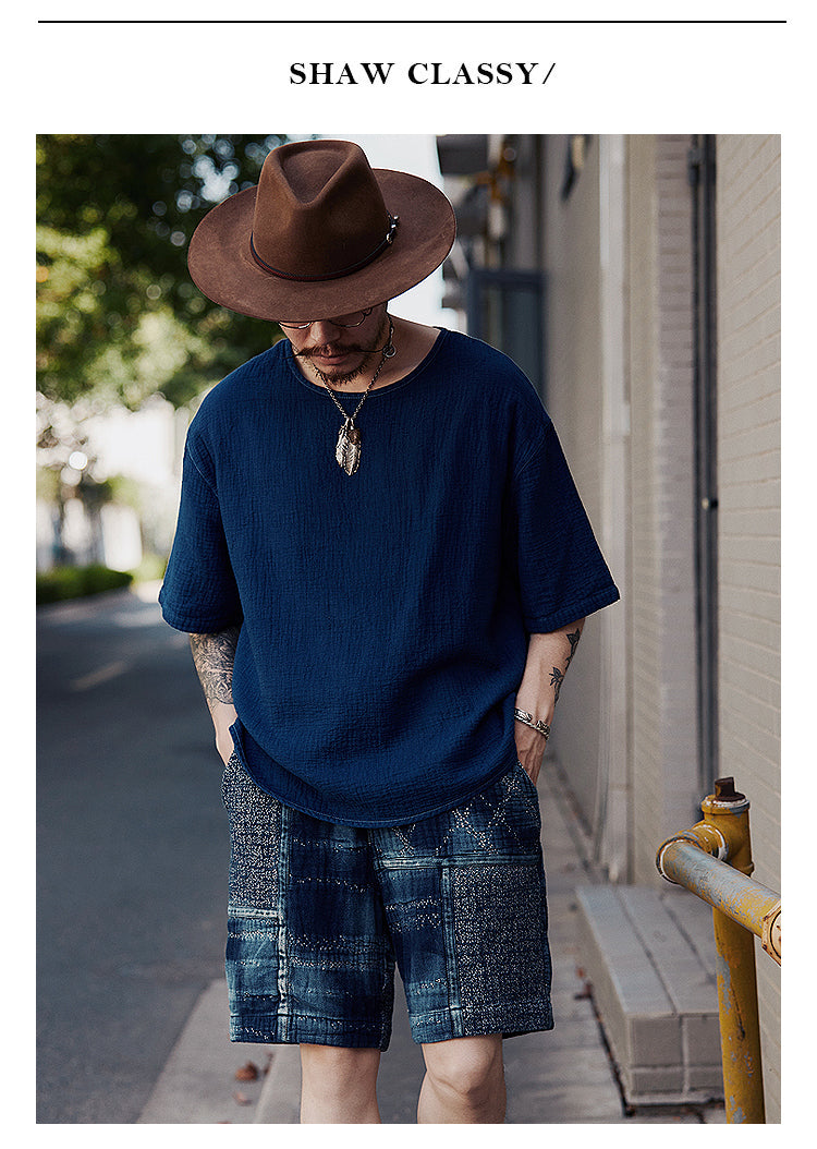 Original Japanese Retro Indigo Dyed Loose Couple Style Casual Short Sleeve T-Shirt