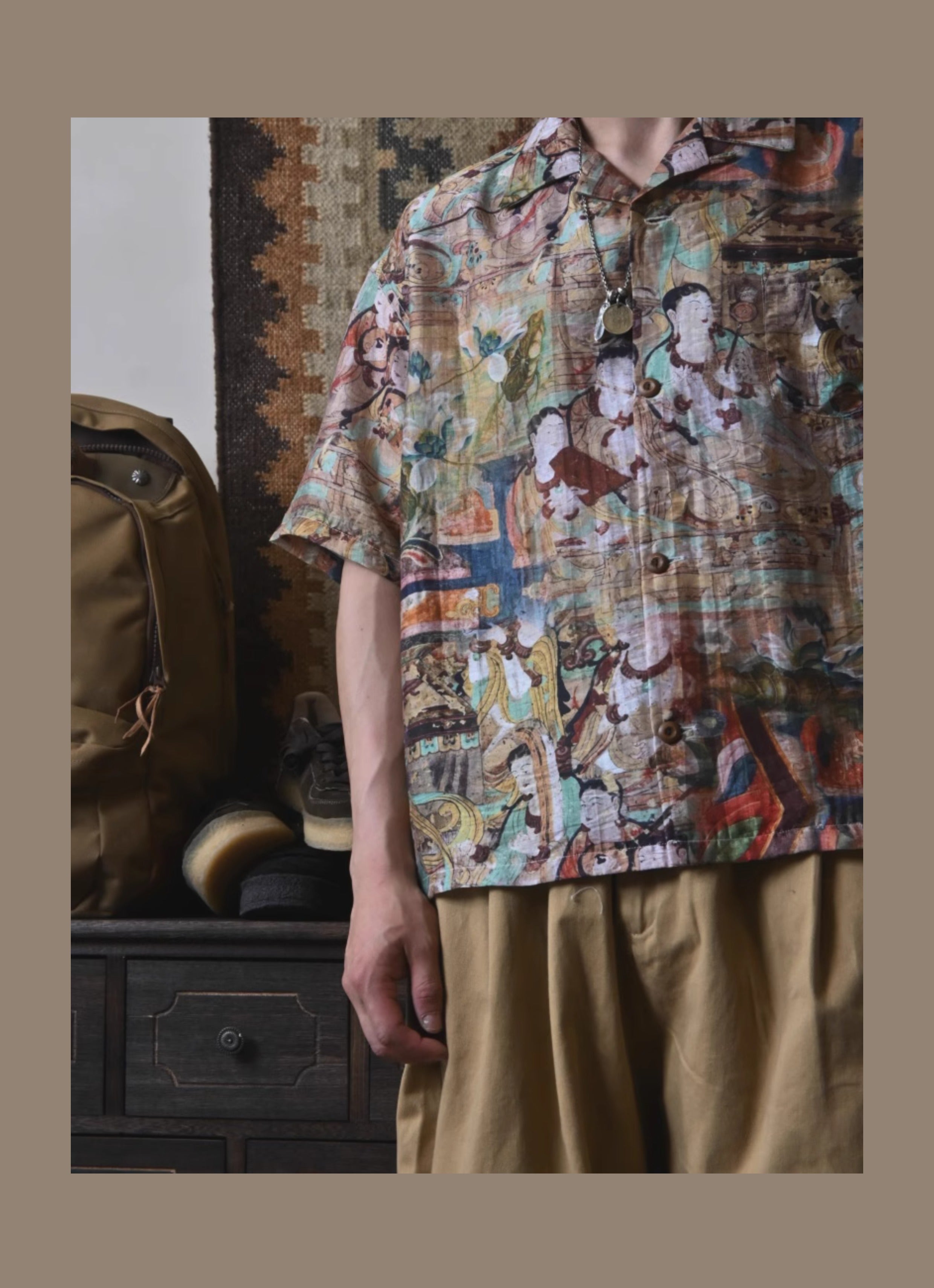 Vintage Loose Print Cuban Collar Shirt Linen Hawaiian Short Sleeve Shirt Dunhuang Summer Trend Brand
