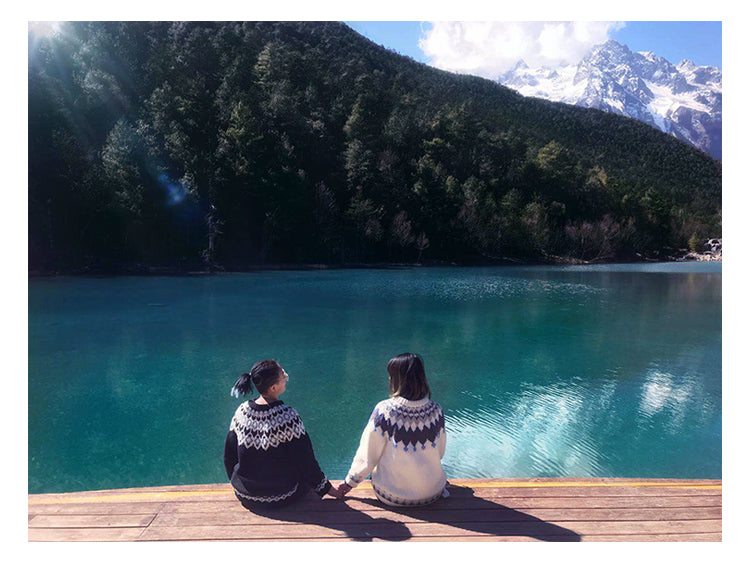 Hand-Knitted Icelandic Japanese Retro Unisex Sweater Couple Travel Fair Isle Cat Minimalist Style Pullover