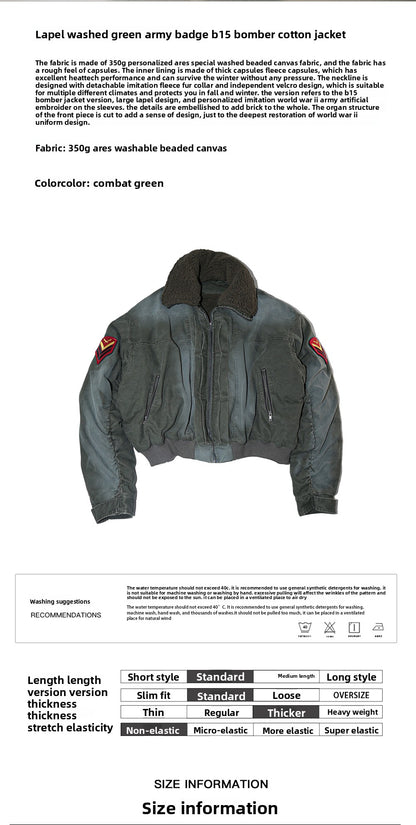24aw Washed Green Vintage Jacket Cotton-Padded Coat Distressed Epaulet Fur Collar Thickened Coat