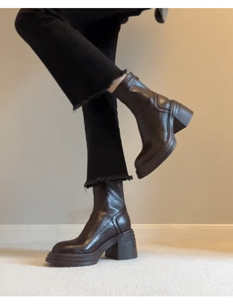 Women's Retro Genuine Leather Martin Boots - Brown Cowhide Thick-Soled Back-Zip Chunky Heel Boots