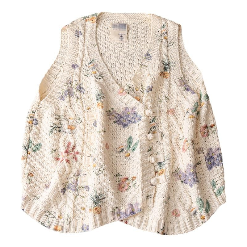 Mori Girl Floral Knitted Sweater Vest – Retro Button Sleeveless Knit