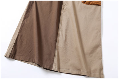 Japanese-Style Patchwork A-Line Skirt – Retro Loose Fit with Elastic Waist & Pockets