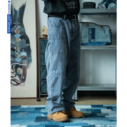 Japanese Retro Washed Beaded Canvas Work Pants – Loose Wide-Leg Unisex