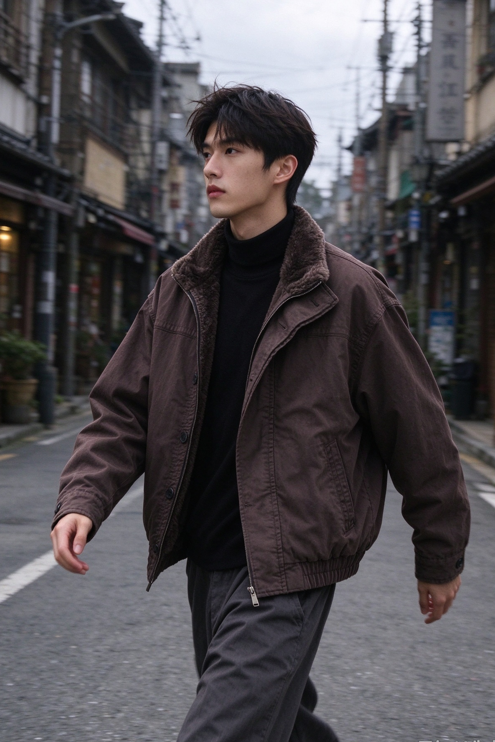 Faux Fur-Lined Jacket – Stand Collar & Gathered Hem | Yamalin clothes | Vintage workwear outfit for men