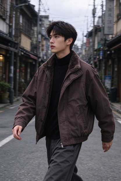 Faux Fur-Lined Jacket – Stand Collar & Gathered Hem | Yamalin clothes | Vintage workwear outfit for men