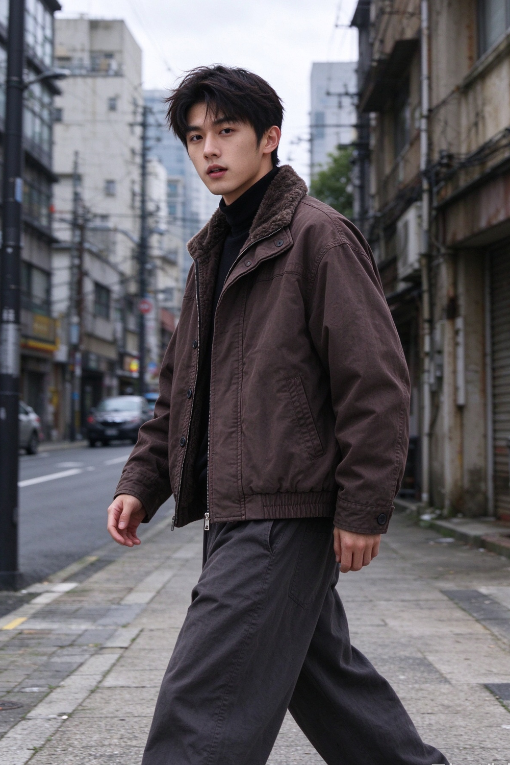 Faux Fur-Lined Jacket – Stand Collar & Gathered Hem | Yamalin clothes | Vintage workwear outfit for men