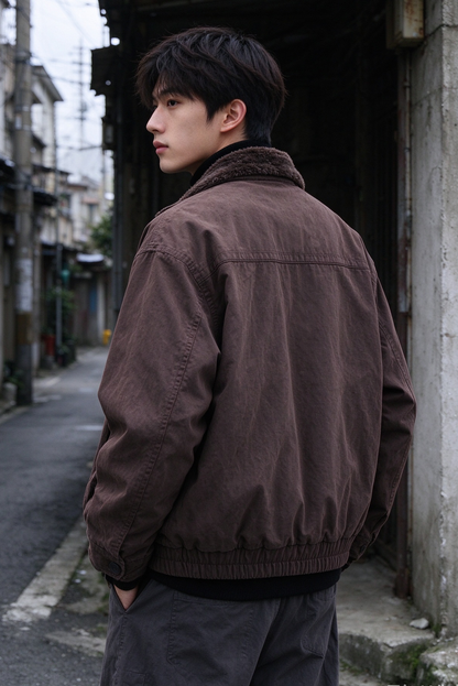 Faux Fur-Lined Jacket – Stand Collar & Gathered Hem | Yamalin clothes | Vintage workwear outfit for men