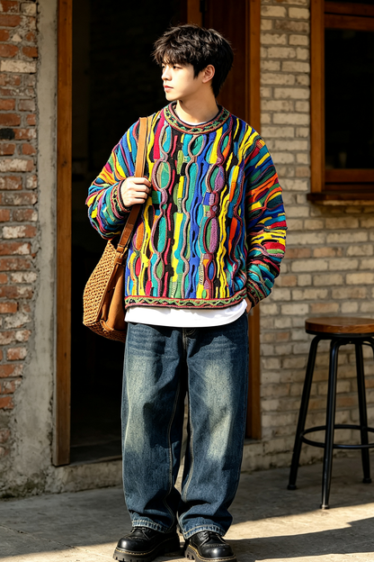 Pop Contrast Hip Hop Ethnic Knit Pullover – Vintage Loose – Japanese vintage | fall outfits 2026 | fall winter outfits | classy winter outfits | lazy comfy outfits | japanese streetwear | vintage workwear | yamalin clothes | Yamalinclothes