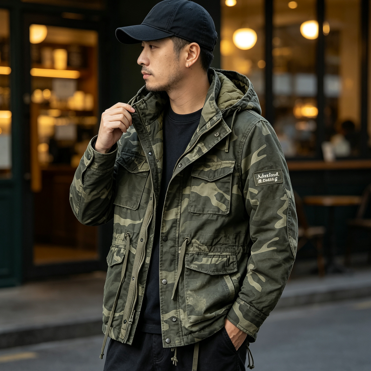 Heavy Distressed Hooded Camouflage Cargo Jacket – Oversized Cotton Outdoor Coat