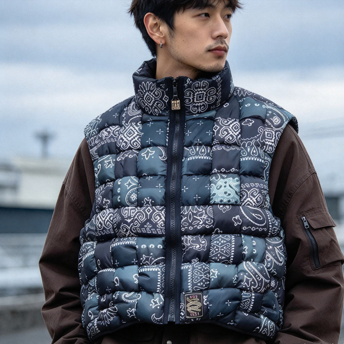 Nylon Paisley Print Down Vest – High-Neck Zip Padded Unisex – Vests | japanese streetwear | vintage workwear | unisex | Yamalinclothes