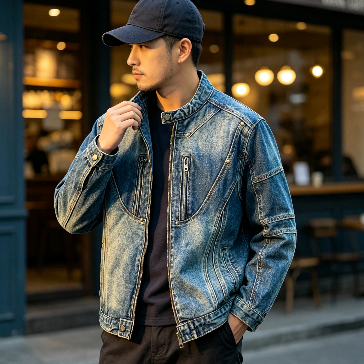 American Utility Stand-Collar Zipper Denim Jacket – Vintage Oversized Men’s Trucker Coat