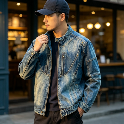 American Utility Stand-Collar Zipper Denim Jacket – Vintage Oversized Men’s Trucker Coat
