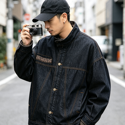 Vintage Ethnic Jacquard Denim Jacket – Oversized Unisex Embroidered Trucker Coat