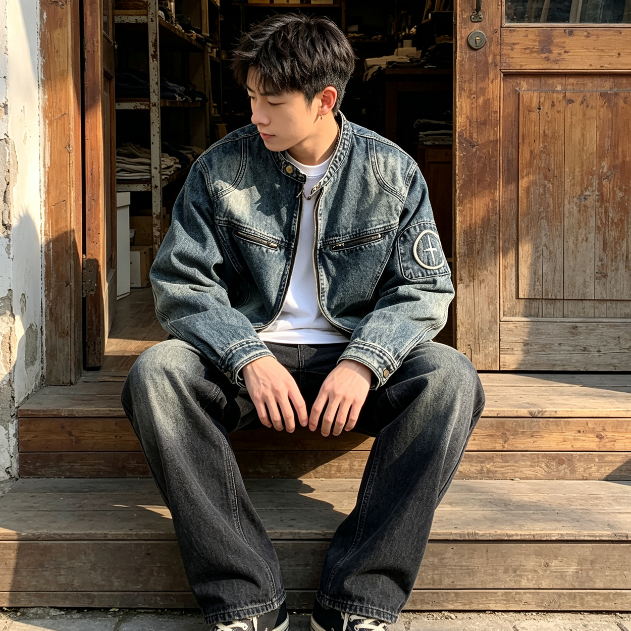 American Vintage Distressed Denim Jacket – Oversized Unisex Trucker Coat – Japanese vintage | yamalin clothes | Yamalinclothes