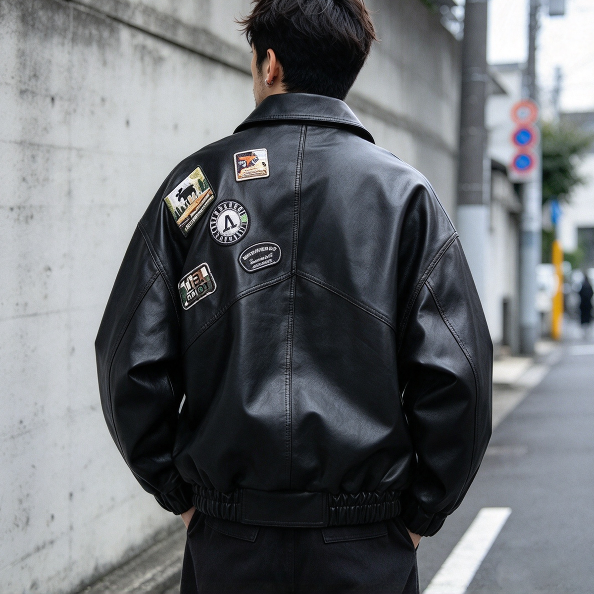 Badge Embroidered PU Leather Biker Jacket – Oversized Unisex | Yamalin clothes | Vintage workwear outfit for men