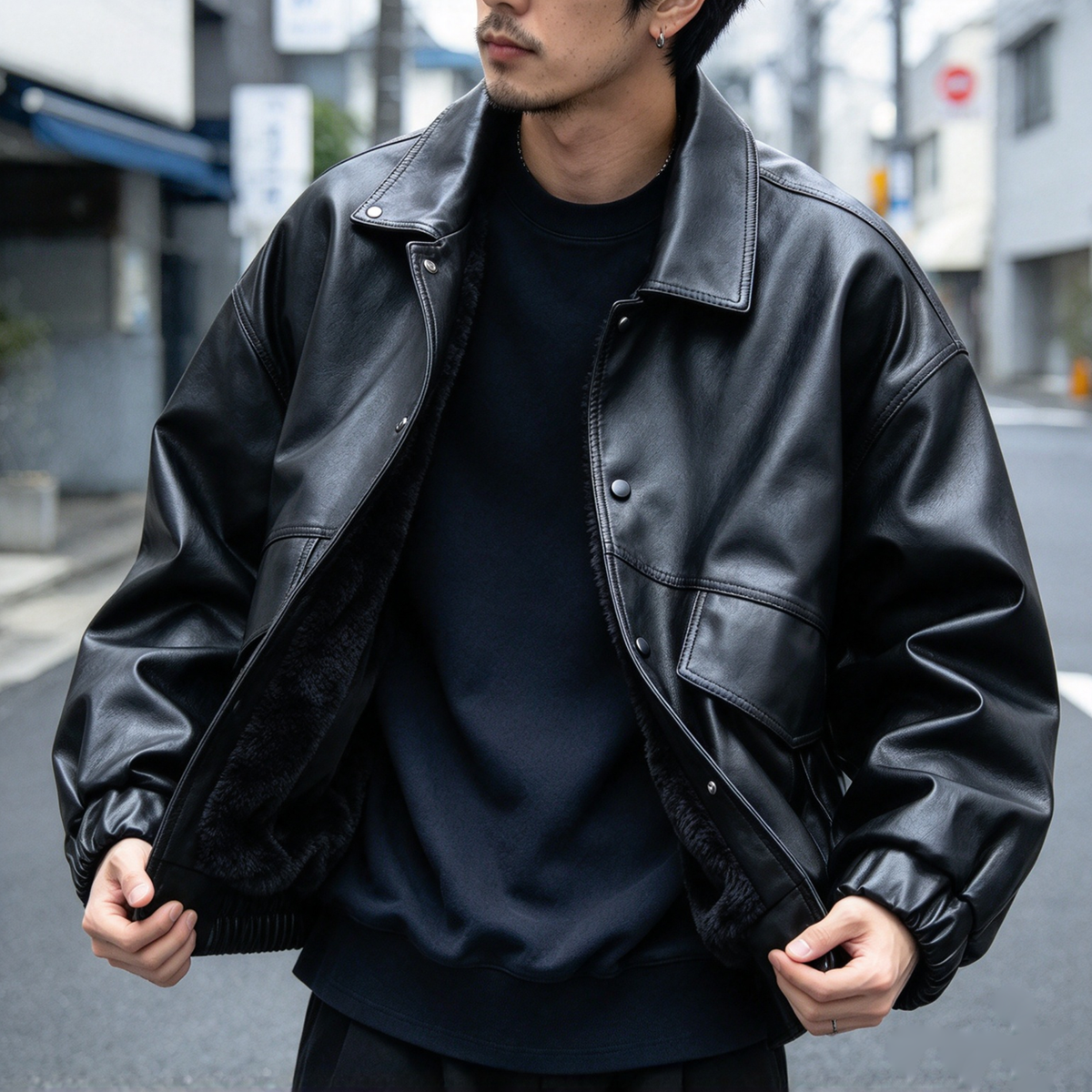 Badge Embroidered PU Leather Biker Jacket – Oversized Unisex | Yamalin clothes | Vintage workwear outfit for men