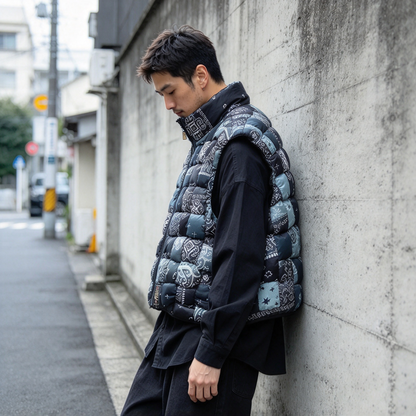 Nylon Paisley Print Down Vest – High-Neck Zip Padded Unisex – Vests | japanese streetwear | vintage workwear | unisex | Yamalinclothes