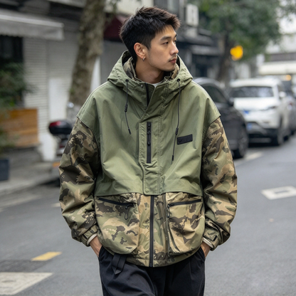 Camouflage Patchwork Hooded Down Jacket – White Duck Down Warm Loose Unisex – | japanese streetwear | vintage workwear | unisex | Yamalinclothes