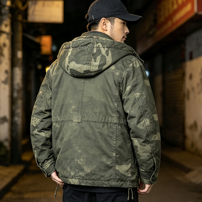 Heavy Distressed Hooded Camouflage Cargo Jacket – Oversized Cotton Outdoor Coat