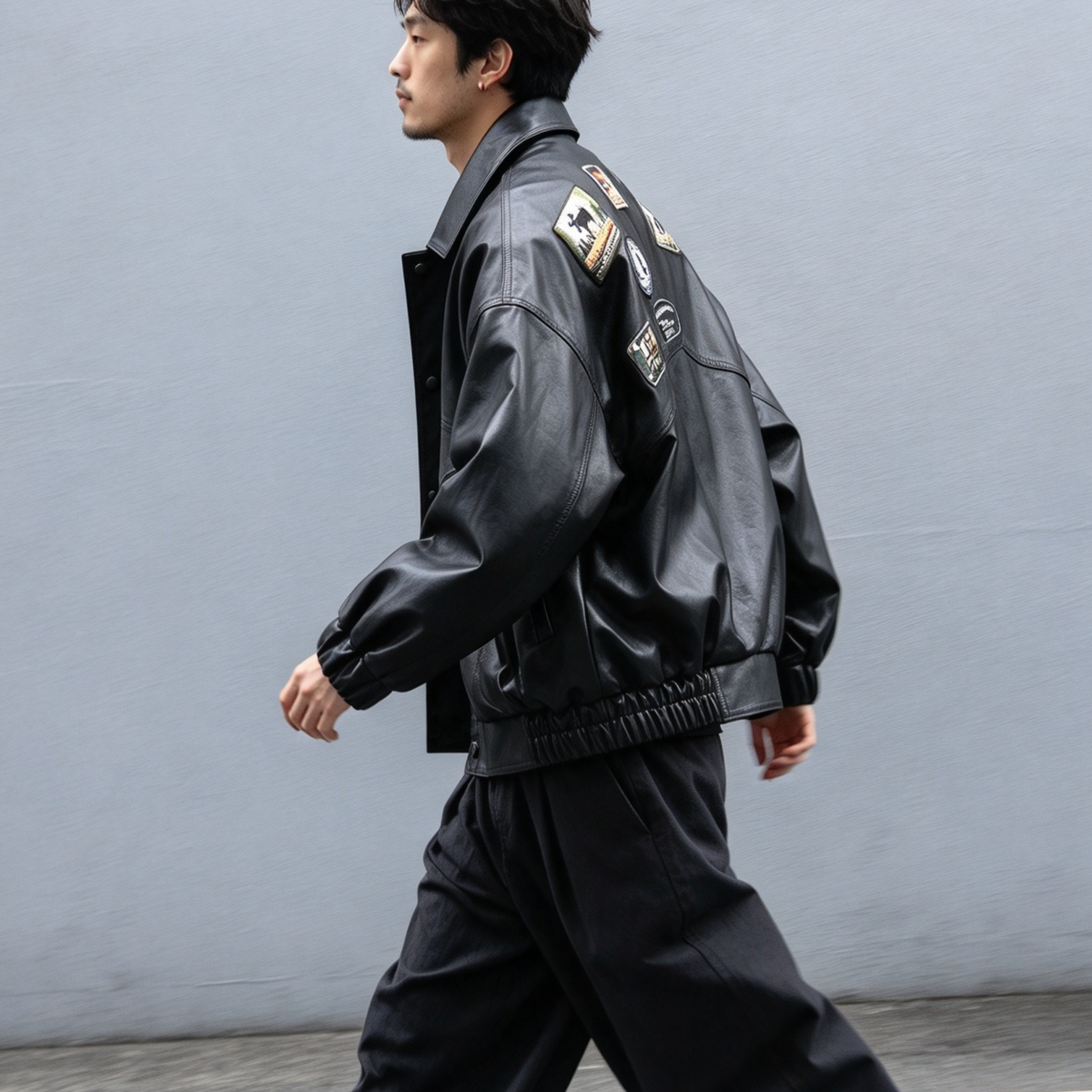 Badge Embroidered PU Leather Biker Jacket – Oversized Unisex | Yamalin clothes | Vintage workwear outfit for men