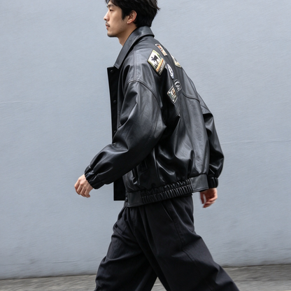 Badge Embroidered PU Leather Biker Jacket – Oversized Unisex | Yamalin clothes | Vintage workwear outfit for men