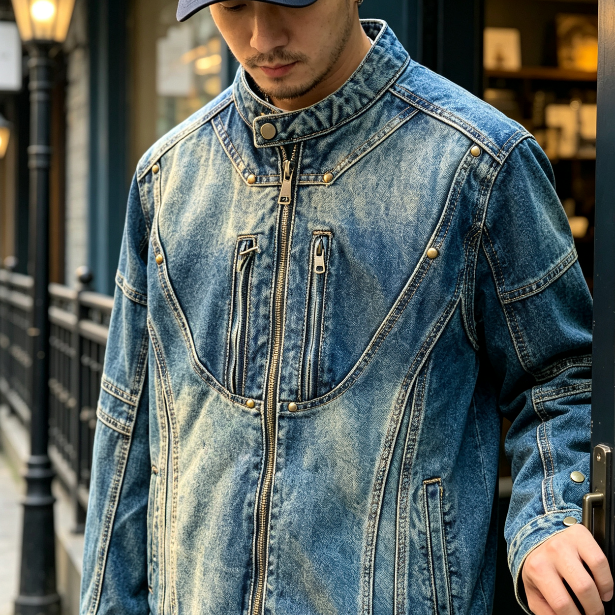 American Utility Stand-Collar Zipper Denim Jacket – Vintage Oversized Men’s Trucker Coat