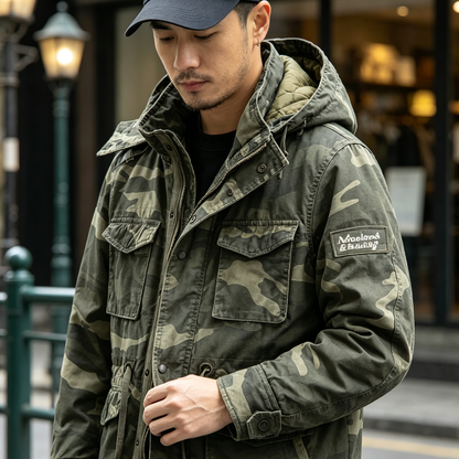 Heavy Distressed Hooded Camouflage Cargo Jacket – Oversized Cotton Outdoor Coat