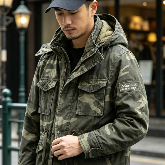 Heavy Distressed Hooded Camouflage Cargo Jacket – Oversized Cotton Outdoor Coat – Japanese vintage | yamalin clothes | Yamalinclothes
